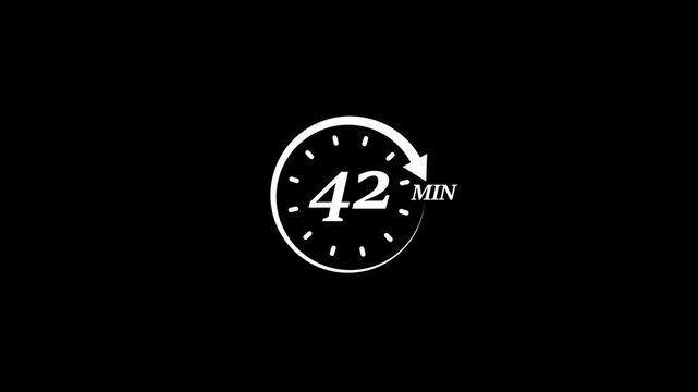 Timer 42 minutes countdown clock animation white on black background