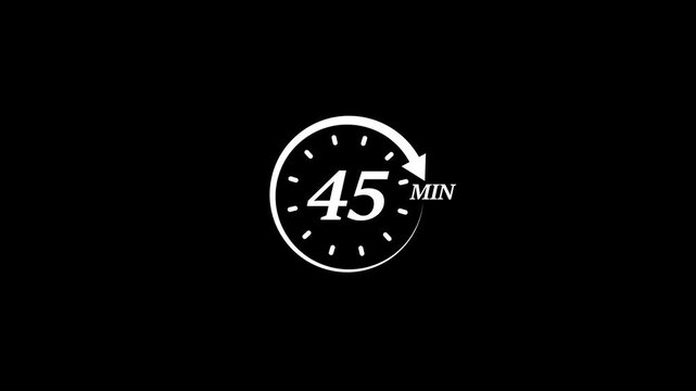 Timer 45 minutes countdown clock animation white on black background