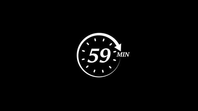 Timer 59 minutes countdown clock animation white on black background