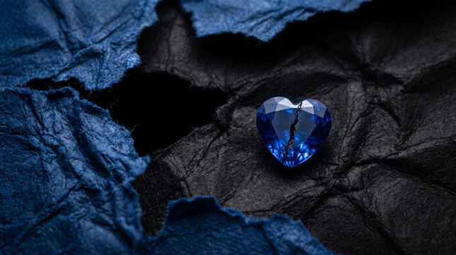 A cracked blue heart-shaped gemstone on a textured dark surface, symbolizing broken love or a significant emotional event.