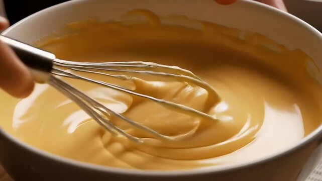 Hand whisking creamy yellow mixture in a white bowl