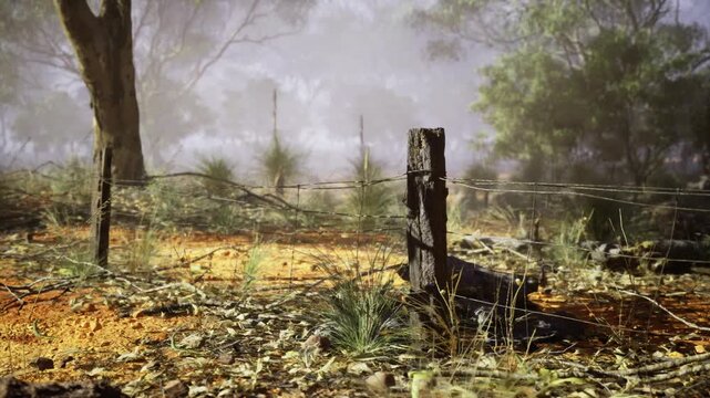 Rustic wooden stake set within dense foggy grassland with charm. Old weathered wooden post standing amid thick misty grass with timeless rustic appeal