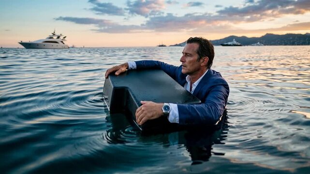 Businessman in suit submerged in ocean water with yachts in background at sunset. A man in a suit floats on the Enter button
