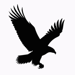 Fototapeta premium Majestic eagle silhouette in flight, black bird of prey vector icon, soaring hawk landing profile, predatory wildlife mascot for logo design