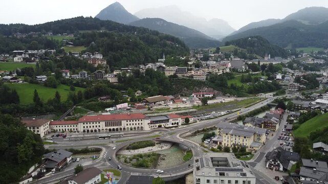 aerial view of the city Berchtesgaden in the Berchtesgadener Land Region, Bavaria, Germany 4k