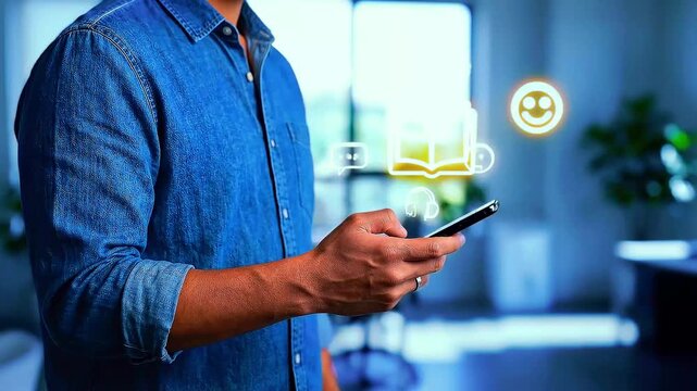 Digital Learning Engagement: A man holding a smartphone with a digital book and a smiley face icon, symbolizing online education and engagement.