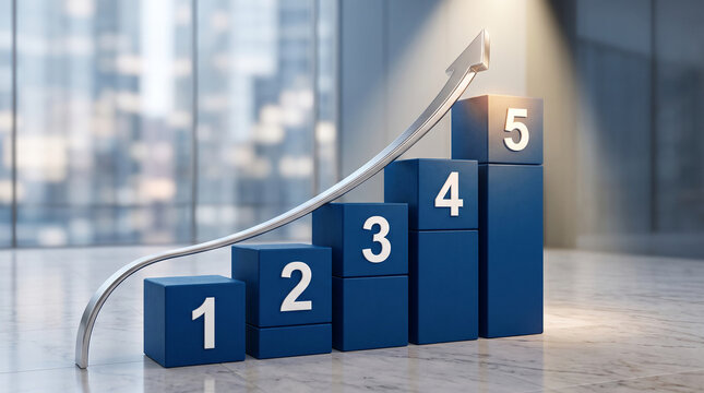 Blue podium blocks numbered 1-5 with an upward-trending silver arrow, symbolizing progress, achievement, and growth in a business setting