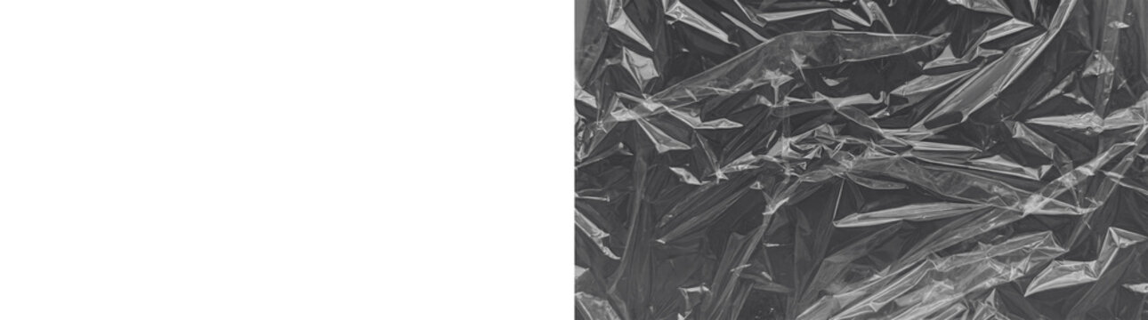 Crumpled plastic film texture with shiny creases on a transparent background