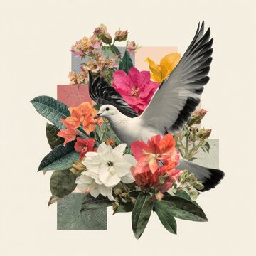Dove amidst vibrant floral collage.