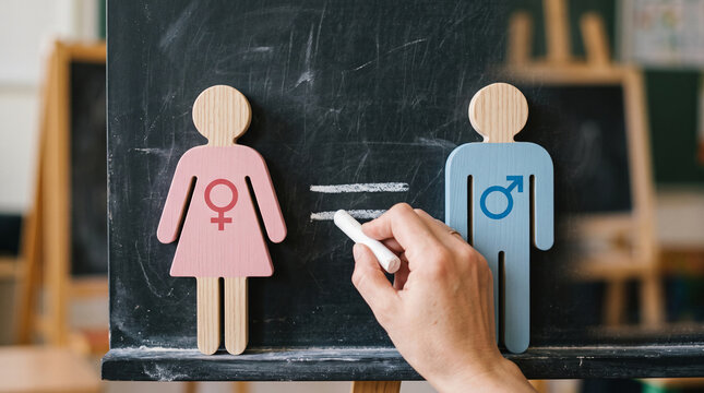 Wooden figures representing gender equality on a chalkboard with a hand drawing an equals sign, symbolizing equal opportunity and rights for all.