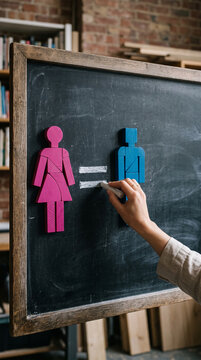 Pink and blue figures on a chalkboard symbolize gender equality and balance, represented by the equal sign drawn with chalk.