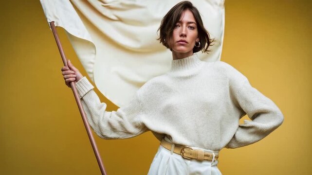 Woman holding a white flag with a confident expression on yellow background