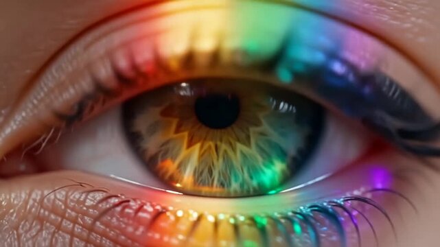 Close-up of a human eye displaying vibrant rainbow colors in the iris, showcasing intricate patterns and reflections, with a focus on the pupil and eyelashes