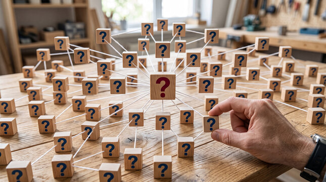 Wooden blocks with question marks connected by strings, symbolizing problem-solving, inquiry, and complexity, in a workshop setting.