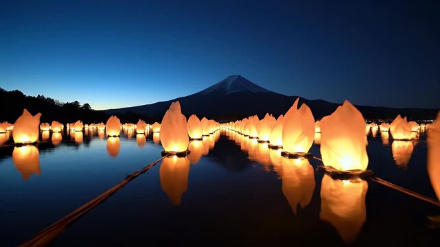 Lit lanterns float on water reflecting mountain at dusk