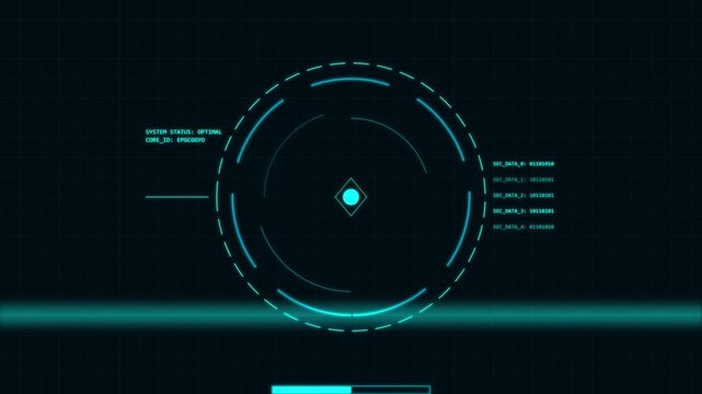 Futuristic circular heads-up display HUD interface with glowing cyan elements, data readouts, and digital radar targeting system on a dark background