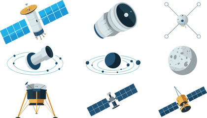 Artificial Space Satellite Vector Set with Lunar Lander Observatory Telescope Moon and Orbital Planet Elements for Astronomy Science Education Designs © SARMIN