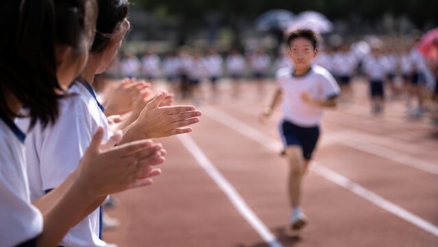 Little Boy Running on Athletic Track with People Clapping and Cheering at School Sports Day for Education and Youth Fitness Concepts