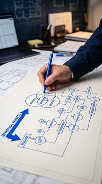 Hand drawing a business strategy flowchart, symbolizing methodical progress and innovation, representing planning and development for success