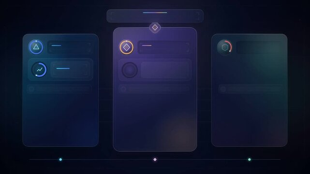 Animated three-column comparison interface fills with metrics and checklist rows