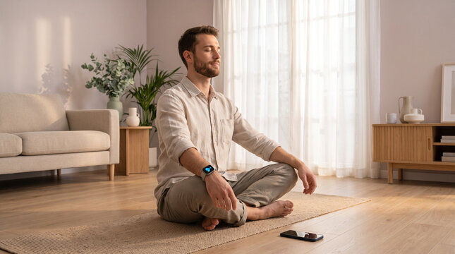 Young handsome man practicing mindfulness meditation on yoga mat in sunny living room using wearable health tracker