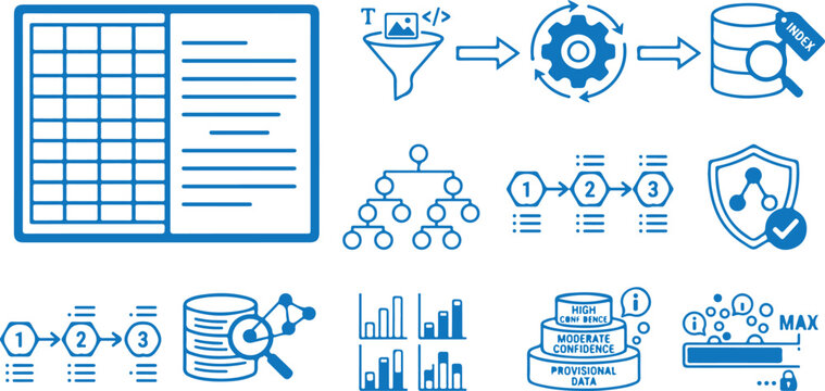  Machine learning decision tree sequence workflow steps cyber network security and database indexing linear icons