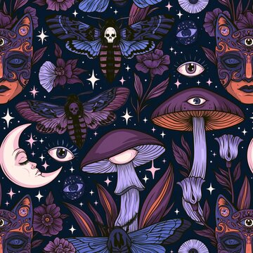 Dark Whimsical Seamless Pattern with Cat Skull, Mushrooms and Floral Eye Elements Gothic Style
