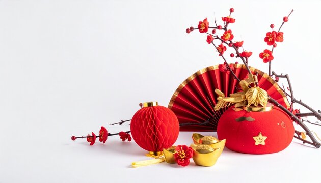 赤い飾りと金の延べ棒が並ぶ中国春節の縁起物フラットレイ