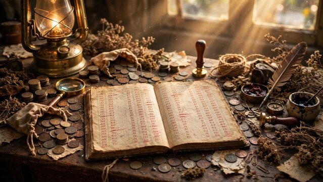 Ancient Ledger Book Illuminated by Lantern Light on a Treasure-Filled Desk.