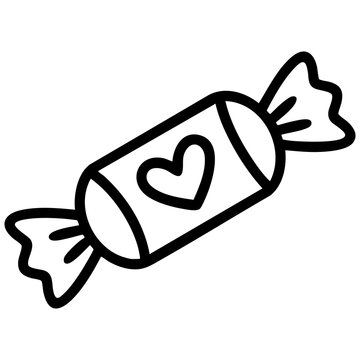 Wrapped Candy With Heart Symbol And Striped Wrapper Line Art Isolated on a Transparent or White Background