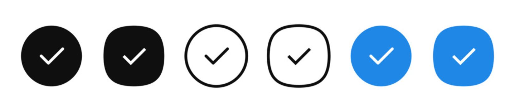 Check mark icon set on filled and outline rounded buttons. Confirmation, success and approve symbols for web and app. User interface. Checkmark circle frame. Vector illustration