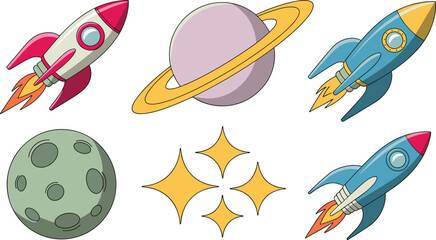 Outer Space Vector Icon Set Featuring Cartoon Rocket Ships Saturn Planet Moon and Sparkle Stars Elements for Science Fiction Graphic Designs © SARMIN