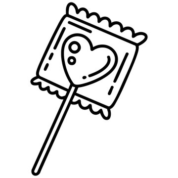 Heart Shaped Lollipop In Wrapped Candy Package Line Art Isolated on a Transparent or White Background