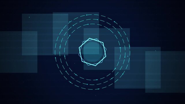 Abstract digital hexagon and rings pulsating on a dark blue background with overlaying squares, data visualization, technology concept