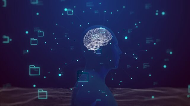 Digital human silhouette holding futuristic brain connected to floating data folders in glowing blue network