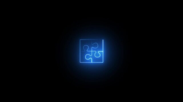 Modern neon puzzle piece line icon animation with glowing blue light on a transparent background. Ideal for business strategy, problem solving, teamwork, animation  