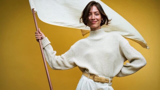 Woman holding a white flag with a confident expression on yellow background