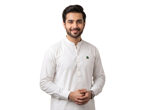 Portrait of a smiling young man in a traditional white kurta, isolated on a transparent background, showcasing elegance and cultural pride with a warm expression
