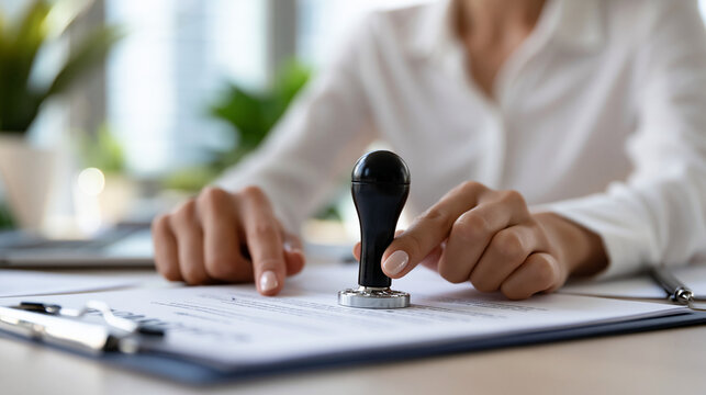 Close up of a female notary public's hands attaching an embossed seal to a document in a bright office notary seal document certification office legal services paperwork