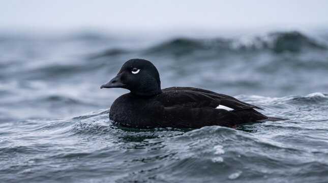 male velvet scoter (melanitta fusca) swimming through cold ocean waves