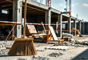 Obraz premium Broom on a construction site with building framework and scattered debris under a clear sky
