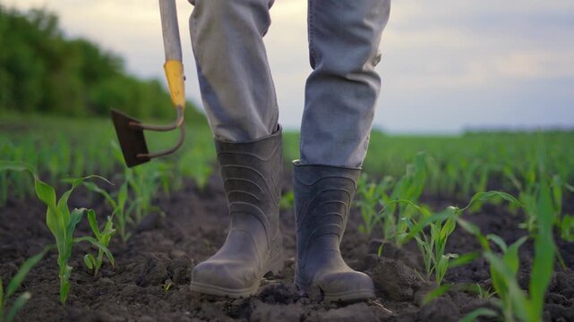 Farmer walks in rubber boots through young corn field rows. Busy farmer carries hoe across fertile soil. Green corn sprouts grow in rich soil. Rubber boots step over farmland during farming work.