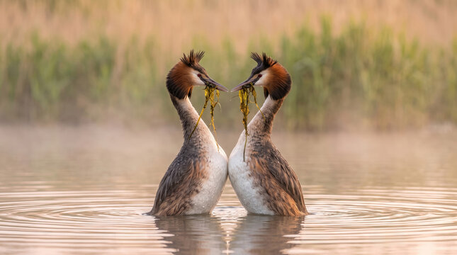pair of great crested grebes (podiceps cristatus) performing a courtship display