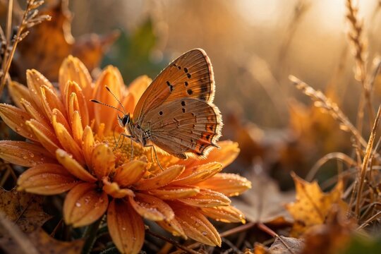 Close-up of a butterfly resting on a vibrant orange chrysanthemum flower in soft sunlight.
