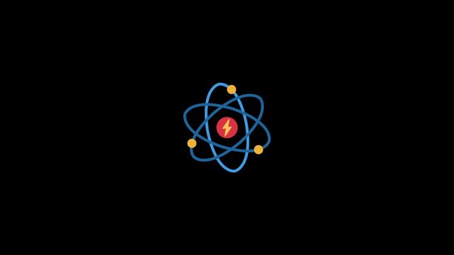 Animation of atom 3d model, rotation around nucleus on black background. Concept of science, energy, matter icon 
