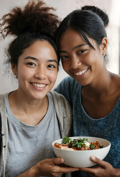 Two smiling young asian women holding a healthy food bowl, friendship and wellness lifestyle