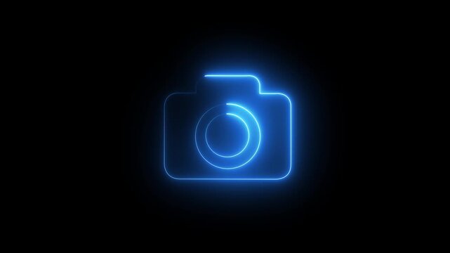 glowing neon camera icon isolated , recording, and film themes. Social media video camera icon for app. camera frame pictogram photograph animated camera 
