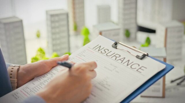 A female agent completes a real estate insurance document in a bright office surrounded by miniature models of modern residential complexes. Concept of modern property insurance services