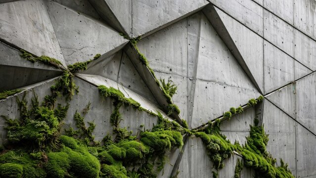 Geometric Concrete Facade with Lush Green Moss Growth.