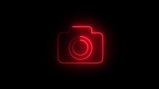 glowing neon camera icon isolated , recording, and film themes. Social media video camera icon for app. camera frame pictogram photograph animated camera 
